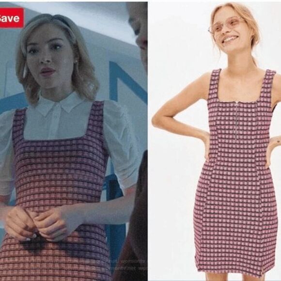 Topshop Mini Checked Pink Pinafore Dress W/Squared Neckline Front Slit Hem Darli - Picture 1 of 10